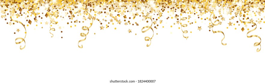 Celebration background with glitter decoration isolated on white. Falling confetti, holiday border. Festive golden frame. For Christmas, New Year banners, birthday or wedding party flyers. Vector.