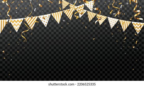 Celebration background with gold bunting flags and confetti	