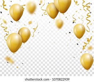 Celebration Background With Gold Confetti And Balloons, Isolated On Transparent Background