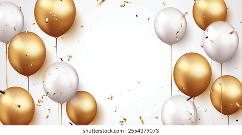 Celebration background with gold confetti and balloons, design element withspace for text