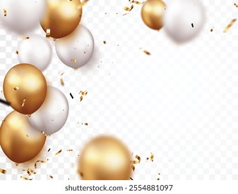 Celebration background with gold confetti and balloons, design element withspace for text