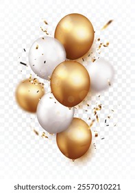 Celebration background with gold confetti and balloons, design element with space for text