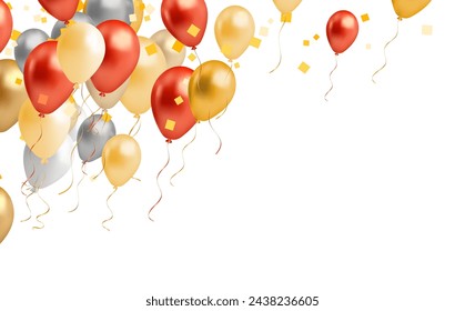 Celebration background with gold and silver balloons and red . Vector illustration.