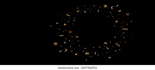 Celebration background with golden confetti vector illustration. Confetti birthday party on black background. Golden ribbons, stars and confetti. For invitations, cards, design, gifts