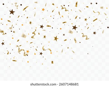 Celebration background with golden confetti vector illustration. Confetti birthday party on transparent background. Golden ribbons, stars and confetti. For invitations, cards, design, gifts