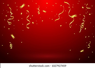 Celebration Background With Golden Tiny Confetti And Streamer Ribbon. Chinese New Year 2019. Vector