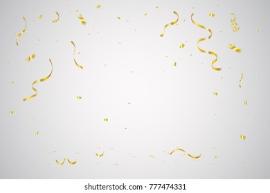 Celebration Background With Golden Tiny Confetti And Streamer Ribbon. Vector