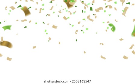 Celebration background with green confetti and ribbons. Vector illustration.