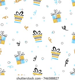 Celebration background with hand drawn presents. Seamless Christmas or New Year vector pattern with gift boxes.