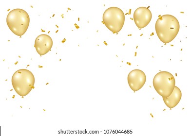 Celebration Background With Many Falling Luxury Golden Confetti And Balloon.  Birthday & Congratulations. Vector Illustration