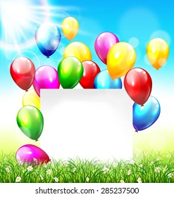 Celebration background with paper frame balloons grass lawn and sunlight on sky background
