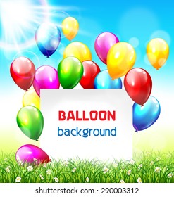 Celebration background with paper frame balloons grass lawn and sunlight on sky background
