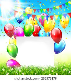Celebration background with paper frame buntings balloons grass lawn confetti and sunlight on sky background