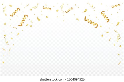 Celebration background party decoration frame template with confetti and gold ribbons. luxury greeting rich card. Festive design