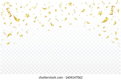 Celebration background party decoration frame template with confetti and gold ribbons. luxury greeting rich card. Festive design