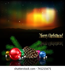 celebration background with pine cone Christmas decorations and aurora borealis