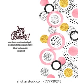 Celebration background with pink, golden and black circles. Vector border template with place for text.