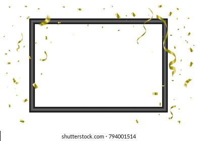 Celebration Background With Realistic Black Border Frame. Golden Confetti And Streamer Ribbon. Congratulations & Birthday Party. Vector Illustration