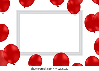 Celebration background with red balloons and white frame. vector