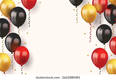 Fondo de celebración con globos rojos, negros y dorados y confeti