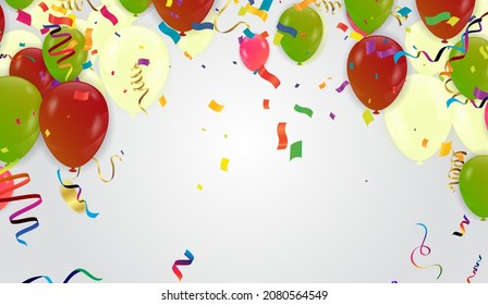 celebration background with red and green balloon and confetti. many falling 