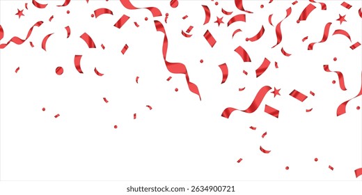 Celebration background with red zigzag confetti falling, vector illustration, Red confetti, falling paper ribbons isolated on white background. Birthday party decoration, Birthday, Holiday, New Year