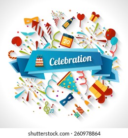 Celebration background with ribbon and party entertainment holiday elements vector illustration