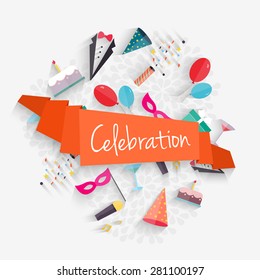 Celebration background with ribbon and party entertainment holiday elements.  Vector illustration