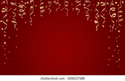 Celebration background  with ribbons and confetti on red background.  Shiny party background with gold serpentine and shiny stars. Place for text. Concept for holiday decor, card, poster, banner