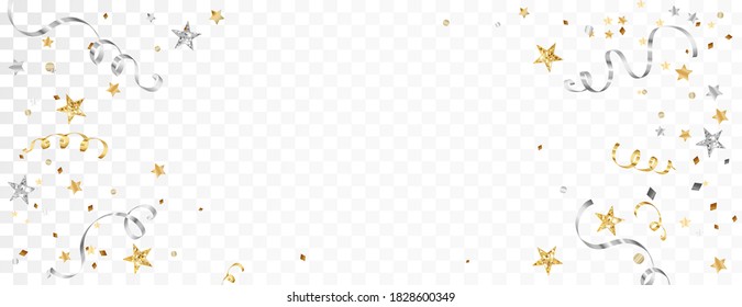 Celebration background with ribbons isolated. Falling confetti, holiday border. Gold and silver stars decoration. For Christmas, New Year banners, birthday or wedding invitations, party flyers.