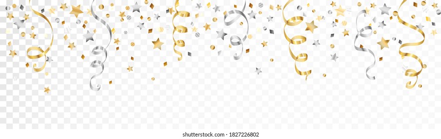 Celebration background with ribbons isolated on white. Falling confetti, holiday border. Gold and silver decoration. For Christmas, New Year banners, birthday or wedding invitations, party flyers.