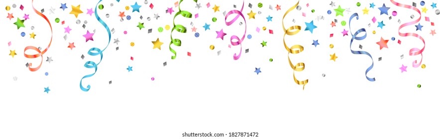 Feierlichkeiten, Hintergrund mit Bändern einzeln auf Weiß. Fallende Konfetti, Feriengrenze. Farbige festliche Dekoration. Zu Weihnachten, Neujahrsbanner, Geburtstag- oder Hochzeitseinladungen, Partyflyer.