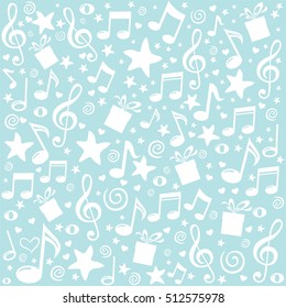 Celebration background. Seamless pattern wallpaper of musical notes, gift box, stars. Vector Illustration