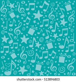 Celebration background. Seamless pattern wallpaper of musical notes, gift box, stars. Vector Illustration