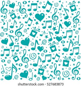 Celebration background. Seamless pattern wallpaper of musical notes, gift box, stars. Vector Illustration