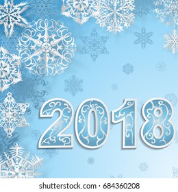 Celebration background with snowflakes. 2018 Happy New Year greeting card. Vector Illustration