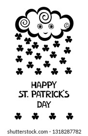 Celebration background for St. Patrick's Days with place for your text.  St. Patrick's day  Vertical background with shamrock,  leprechaun hat and cloud. Funny kawaii character. Vector Illustration