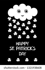 Celebration background for St. Patrick's Days with place for your text.  St. Patrick's day  Vertical background with shamrock,  leprechaun hat and cloud. Funny kawaii character. Vector Illustration