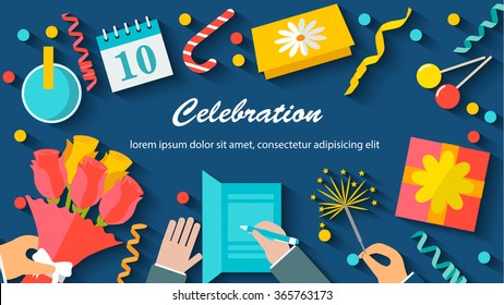 Celebration background with table top view, festive items, postcards, bunch of flowers, streamers, confetti, gifts. Human hands holding flowers, Bengal fire, vector illustration