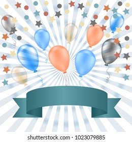 Celebration background template with balloons, confetti on transparent background. Vector illustration.