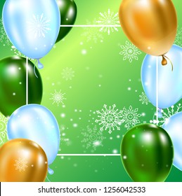 Celebration background template with balloons, confetti and snowflakes on green background.