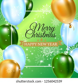 Celebration background template with balloons, confetti and snowflakes on green background with designed text or insignia.