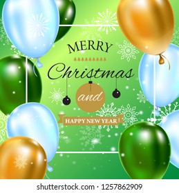 Celebration background template with balloons, confetti and snowflakes on green background with designed text or insignia.