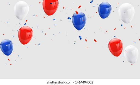 Celebration background template with balloons confetti and red and blue ribbons.