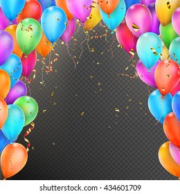 Celebration background template with balloons, confetti and red gold ribbons on transparent background. EPS 10 vector file included