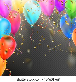 Celebration background template with balloons, confetti and red gold ribbons on transparent background. EPS 10 vector file included