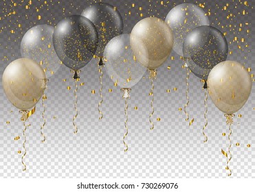 Celebration background template with balloons, confetti and ribbons on transparent background. Vector illustration.