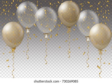 Celebration background template with balloons, confetti and ribbons on transparent background. Vector illustration.