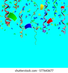 Celebration background template with colorful confetti and ribbons. Vector illustration