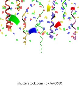 Celebration background template with colorful confetti and ribbons. Vector illustration